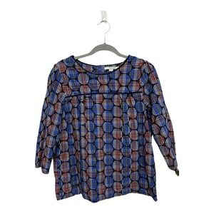 Boden Charlotte Blue Multi Plaid Polka Dot Eyelet Embroidered Top Blouse US 10